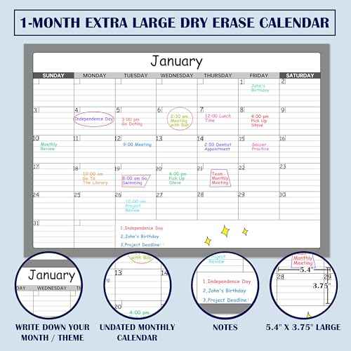 Large Dry Erase Calendar - Undated 1 Monthly Wall Calendar Laminated, 40" x 28", Blank Reusable Calendar Planner with Large Daily Boxes, Notes, Stickers, Great for Home, Office, Classroom, Grey