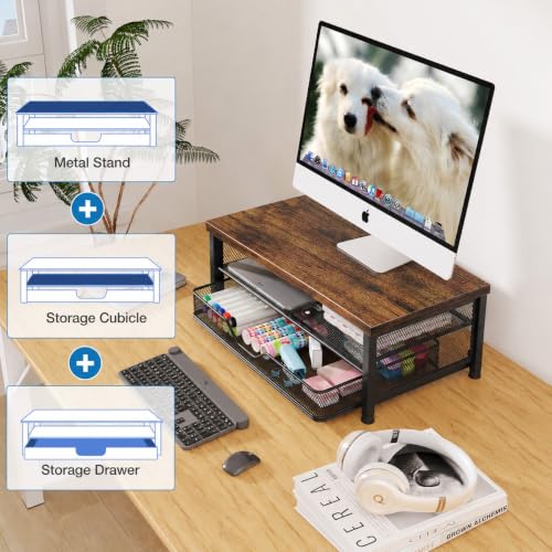 OPNICE Brown 14x9.1x5.6 Inch Monitor Stand Riser with Drawer, Desk Organizer