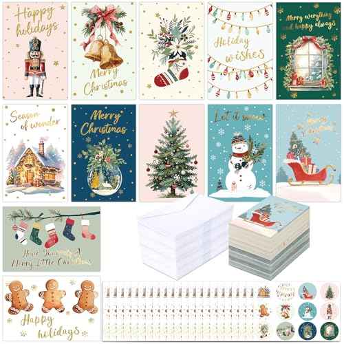 240 Sets Christmas Cards Bulk with Envelopes and Stickers Holiday Merry Christmas Greeting Cards Set 12 Assorted Designs Xmas Note Card Set Blank Inside for Winter Theme Xmas Gift