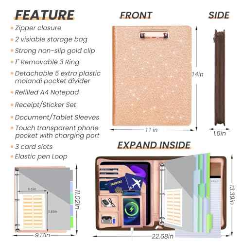 Leather Padfolio Portfolio with Clipboard Storage, Removable 3 Ring Binder 1 Inch Zipper Binder, Document Organizer for Women Men with Notepad, 5 Pocket Dividers, Pen Holder, Rose Gold