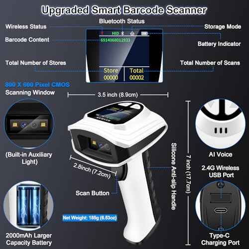KUIIYER 1D QR 2D Barcode Scanner, Bluetooth Wireless Bar Code Scanners with Setting Keypad & LCD Screen Display & AI Voice, Handheld Barcode Reader for iPhone, Android, iPad, Tablet, Computers & POS
