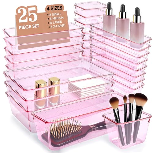 Pink Acrylic Drawer Organizer Trays Set of 25 for Kitchen, Bathroom, Office & Makeup Storage