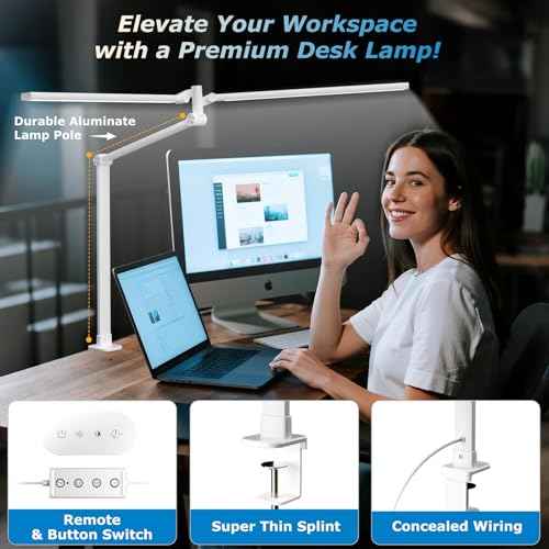 LED Desk Lamp, Double Swing Arm Wide Lighting Area Desk Lamps for Home Office with Stepless Dimming, Eye-Caring Architect Desk Light with Clamp for Reading, Study, Workbench, Drafting(White)