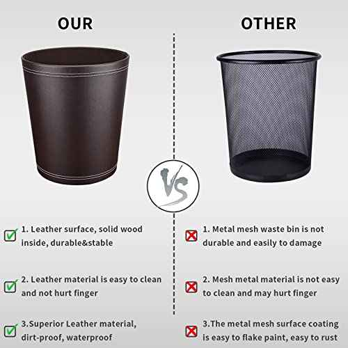 Pu Leather Trash Can for Bedroom, 2.6 Gallon Wastebasket for Office, Small Bathroom Garbage Cans for Home Decorative, Round Waste Basket Bin for Dorm Kitchen Brown