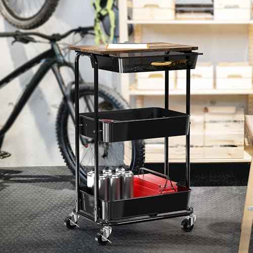 Simple Houseware 2-Tier Rolling Utility Cart with Top Board and Sliding Drawer, Rustic Brown