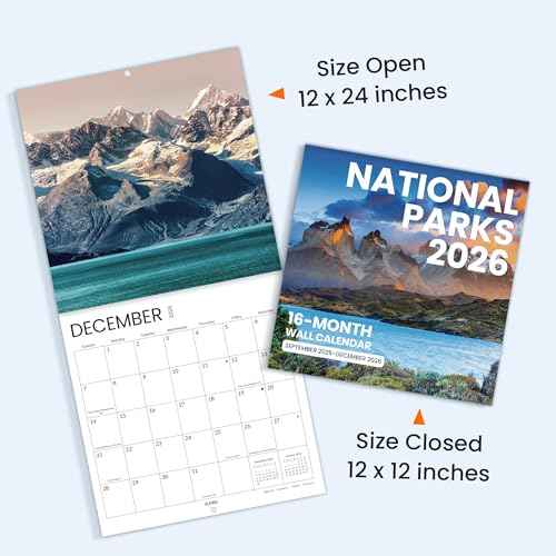 SUNEE 2026 Wall Calendar 12x12 Inches with 16 Months from September 2025 to December 2026, Large Wall Calendar Thick Glossy Paper, 12" x 24" (Open), National Parks