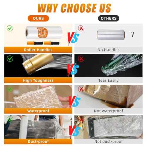 BETU Plastic Wrap Stretch Film for Moving Supplies 15inch X 1000ft, Shrink Wrap Stretch Roll Industrial for Furniture Wrapping Shipping Pallet Moving Boxes Storage with Handles, 2 Pack, Clear