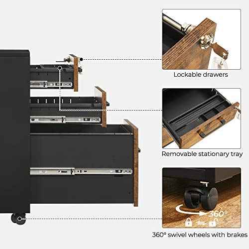 SONGMICS File Cabinet, Pre-Assembled Except Wheels and Handles, Office Filing Cabinet with Lock, for A4, Legal, Letter Sized Documents, 17.7 x 14.4 x 23.6 Inches, Rustic Brown and Black UOFC110B01V1