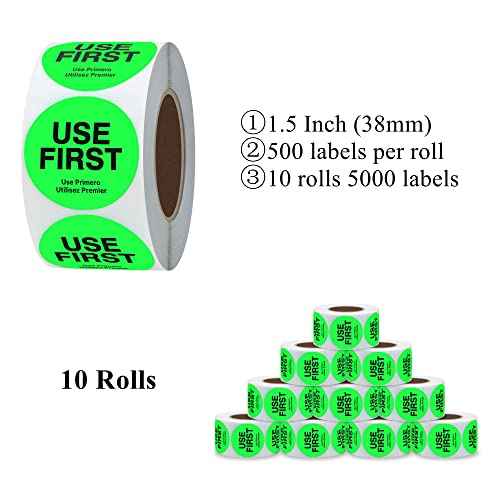 1.5 Inch USE First Stickers Food Service Inventory Control Labels Trilingual Product Labels Fluorescence Green - 500 Stickers Per Roll (10 Rolls)