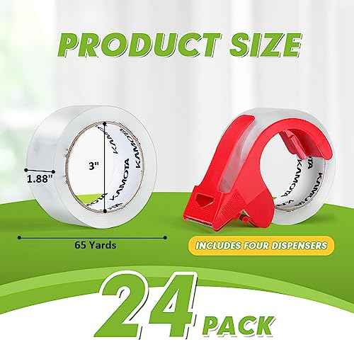 KAMOTA Packing Tape, 24 Rolls Heavy Duty Clear Packaging Tape for Shipping Packaging Moving Sealing, 1.88 inches Wide, 65 Yards Per Roll, Total 1560 Yards with 4 Dispensers