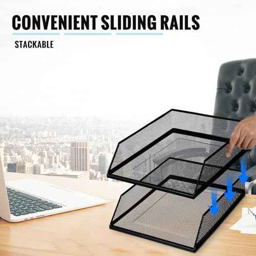 Hicarer 4 Pcs Black Metal Letter Tray Stackable Desk Tray Single Wire Mesh Organizer Front Load File Paper Holder for Desktop Office Home School Classroom (12.8 x 9.84 Inch)