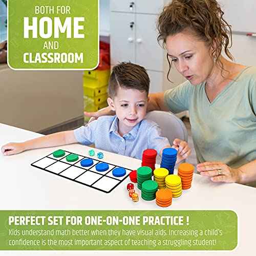 Magnetic Ten Frame Set: 4 Durable Ten-Frames + 50 Colorful Counters + 50 Math Flash Cards + 5 Dice - Addition & Subtraction - Math Manipulatives Kit for Home, Kindergarten & Elementary Teachers