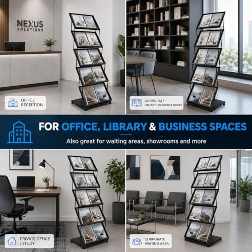 Foldable Floor Standing Magazine & Brochure Display Rack with Wheels, 5 Tiers