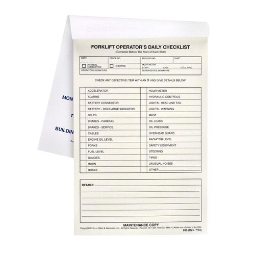 Forklift Operator Daily Checklist 25-pk. - Book Format with 31 Sets, 2-Ply with Carbon, 5.5" x 8.5", Safety & Maintenance Forklift Checklist Inspection Book, J. J. Keller & Associates, Inc.