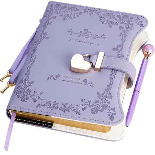 Diary with Lock and Keys for Girls Gift Ideas, 360 Gold Edged Pages Journal for Women, B6 Refillable Notebook for Writing with Pen and Bookmark (Garden Purple)