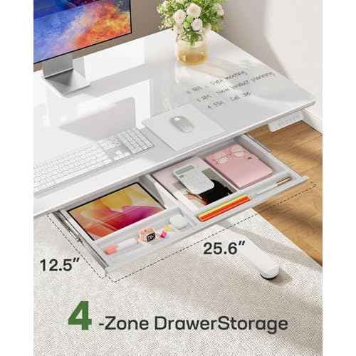 Marsail Glass Standing Desk with Drawer 37 x 22 Inches Stand up Desk Standing Desk Adjustable Height with One-Piece Tempered Glass Top, Ergonomic Home Office Desk with 4 Preset Heights White