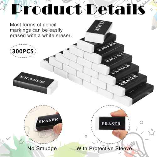 300 Pieces Operation Christmas White Pencil Erasers Bulk Soft Art Pencil Large Rubber Erasers for Drawing Kids Student Artist Office Home Classroom Writing 1.8 x 0.8 x 0.3 Inch