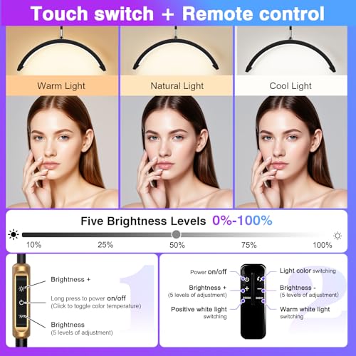 Half Moon Light, Lash Light for Eyelash Tech, LED Floor Lamp for Eyelash Extensions, Nail Art, Tattoo Art and Skincare, Adjustable Color Modes and Flexible Gooseneck, with Tray - Black