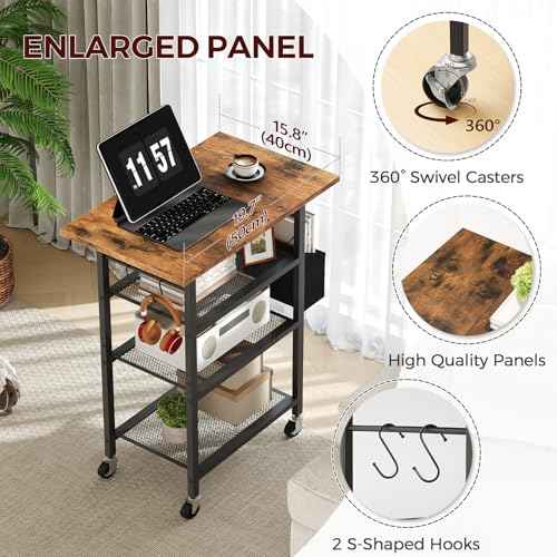 4-Tier Printer Stand, Rolling Printer Table on Wheels, Industrial Storage Stand with Side Pocket, Wooden Tabletop, 2 S-Shaped Hooks, for Home Office, Rustic Brown and Black PTHR2601