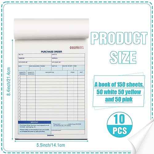 Lincia 10 Pack Purchase Order Book 3 Part Carbonless Purchase Order Forms for Small Business with Carbon Copies Cover, 50 Sets Per Book, 8.4 x 5.5 Inch