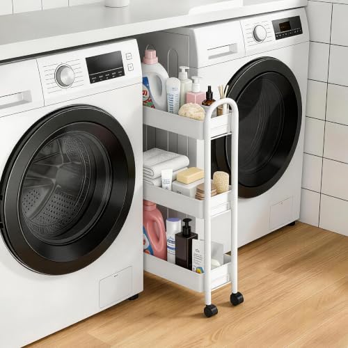 ZXICEU Matte White Slim 3-Tier Metal Rolling Cart - Narrow Utility Storage