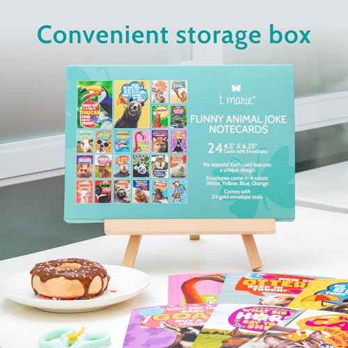 T MARIE 24 Funny Animal Joke Notecards With No Repeats - Humorous Bulk Cards Set - 4.5¡± x 6.25¡± Thinking of You Cards for Friends, Kids, Students, Teachers, Summer Camp and More