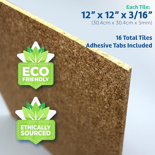 Flipside Products 12" x 12" x 5mm Natural Brown Cork Squares, Wall Tiles, Square Pinning Cork Board, Bulletin Board Mini Wall Board - 16 Pack