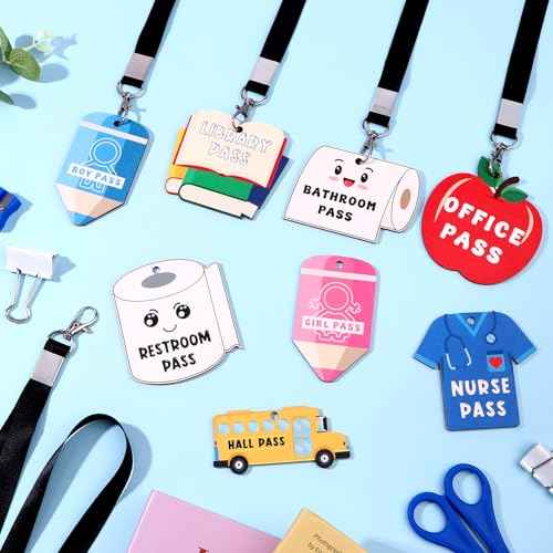 8 Sets Hall Pass Lanyards and School Passes Set Hall Pass Lanyards for Classrooms First Day of School Wooden Bathroom Restroom Library Office Nurse Passes Teacher Organization Supplies Gift