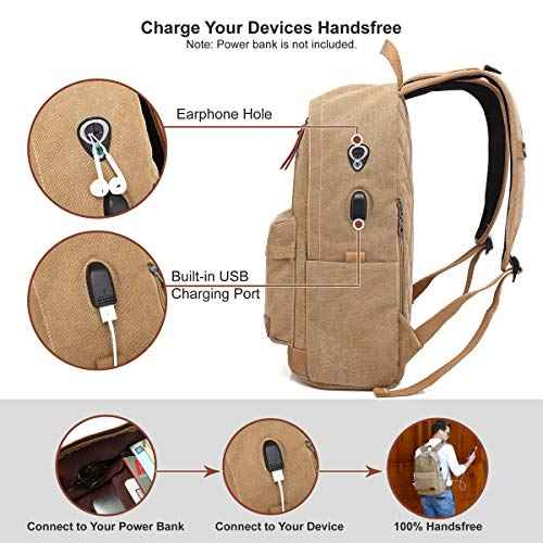 Canvas Laptop Backpack, Waterproof School Backpack With USB Charging College