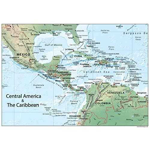 Central America and the Caribbean Physical Map - 39.3 x 27.5 inches ? Paper Laminated