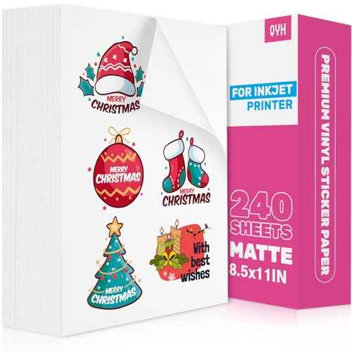 QYH Sticker Paper for Inkjet Printer - 240 Sheets White Matte Printable Vinyl Sticker Papers 8.5x11 In Labels Waterproof Stickers for Cutter, Crafts, Scrapbooking Dries Quickly & Tear Resistant