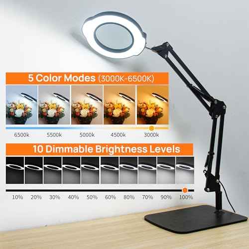 10X Magnifying Glass with Light and Stand, 84 LEDs 2 in 1 Magnifier Lamp with Clamp and 5 Color Stepless Dimmable Modes for Hands Free Reading Sewing Crafts Repair and Close Work