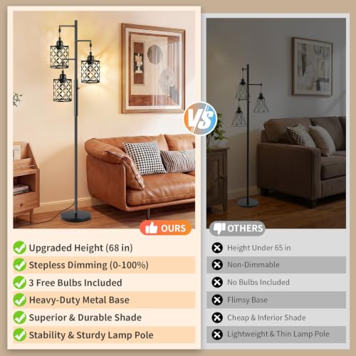GHOOCEMLUX 68-Inch Black Dimmable Farmhouse Floor Lamp with Quatrefoil Shades, 3 LED Bulbs Included
