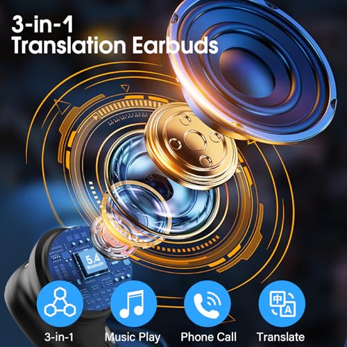 AI Language Translator Earbuds Real Time, 164 Language/6 Translation Modes Translator Earbuds 3-in-1 Translation Headphones, Bluetooth 5.4 Translation Device for Travel Business Learning, Black