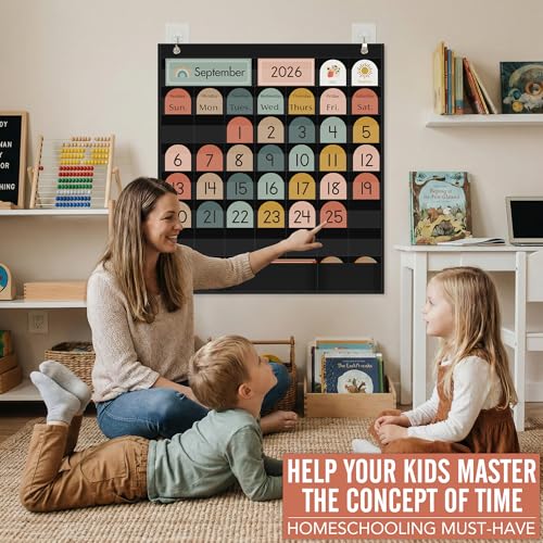 SCHOLOX Black Classroom Calendar Pocket Chart for Elementary & Homeschool