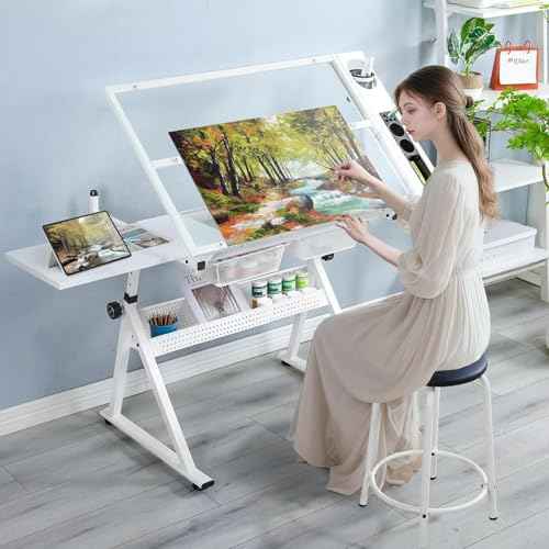 Drafting Table, 0-75¡Æ Tilting Glass Tabletop Drawing Table with Stool - Adjustable Height Art Desk with Multi-Storage for Sketching and Painting - Perfect for Artists and Hobbyists, White