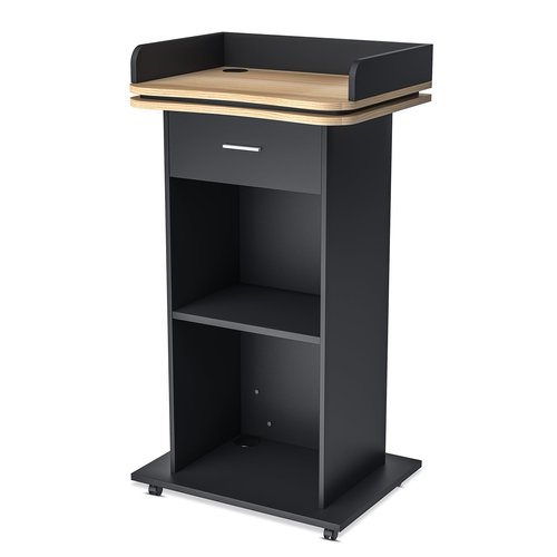 Vakiorn 43" Wood Podium Stand with 3 Levels of Storage, Portable Lectern with Wheels, Floor Standing Customer Reception Podiums Mic Stand Desk for Churches, Office, School,Conference, Auditorium