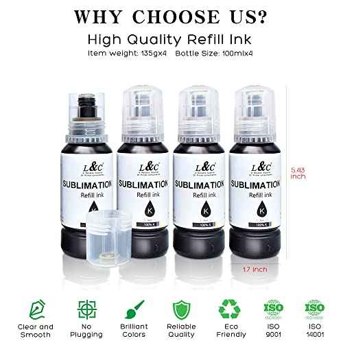 L&C Black Sublimation Ink Autofill Refill for EcoTank Printers ET 2800 ET 2803 ET 2720 ET2760 ET2850 ET5800 ST-2000 ST-3000 ST-4000 ST-C4100 Printers