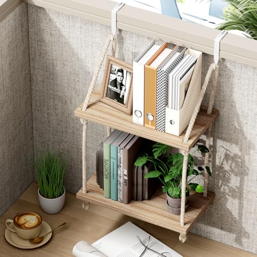 2-Tier Wooden Wall Shelf for Cubicles with Hooks & Rope - Office Storage Organizer