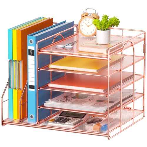 Marbrasse Desk Organizer with File Holder, 5-Tier Paper Letter Tray, Mesh Desk Accessories, Magazine Holder, Desktop Organizer and Storage for Office Supplies, Rose Gold
