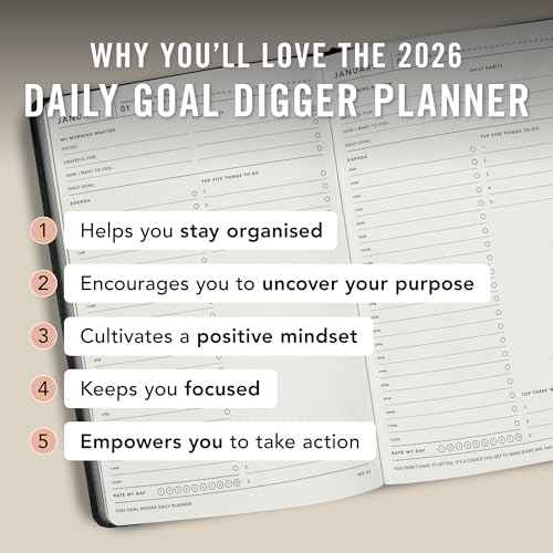 MI GOALS Goal Digger Daily Planner 2026 | Dated Journal for Gratitude, Progress & Habit Tracking | Day-To-A-Page B5 (Black)