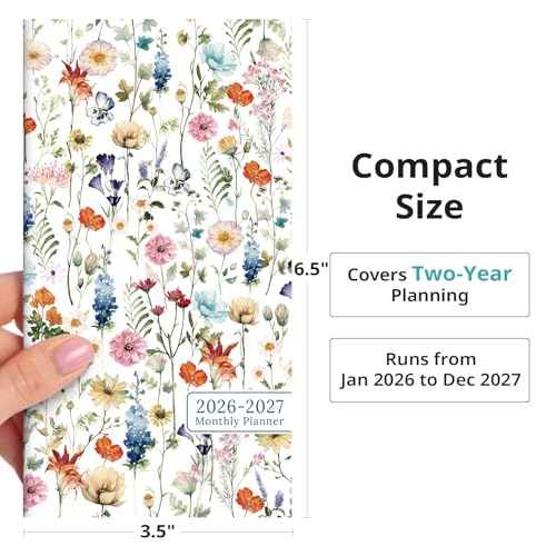 Pocket Calendar 2026-2027 for Purse, Two Year Monthly Planner Pocket Size, Jan 2026 to Dec 2027 Monthly Planner Small Size (6.5" x 3.5") - Wildflowers