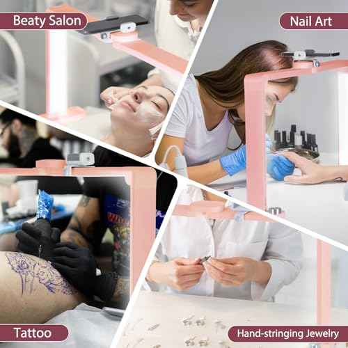 Nail Desk Lamp,34In Led Nail Light for Desk with USB Ports,Phone Holder & Stepless Dimming,6000K Half Moon Table Light for Eyelash Extension, Tattoo, Eyebrows(Pink)