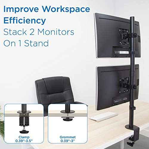 Mount-It! Vertical Monitor Mount, Dual Stacked Monitor Mount for Two Screens Each 13 to 32 Inches, Height Adjustable with Tilt Swivel Rotate, C-Clamp and Grommet Base Supports 17.6 lbs per Monitor