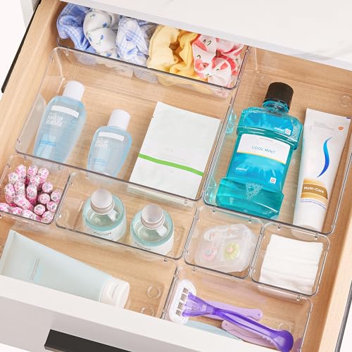 Vtopmart 66 PCS Clear Plastic Drawer Organizer Bins, 4-Size Versatile Bathroom and Vanity Organizer Trays, Acrylic Storage Containers for Makeup, Jewelry, Toiletry, Kitchen Utensils and Office Supply