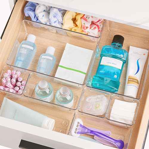 Vtopmart 72 PCS Clear Plastic Drawer Organizers Set, 4-Size Versatile Bathroom and Vanity Organizer Trays, Non-Slip Storage Containers for Makeup, Jewelries, Bedroom£¬Kitchen Utensils and Office