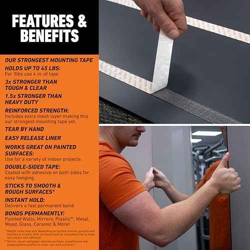 Gorilla¢ç Max Strength Mounting Tape, Double-Sided, Instant Hold, Permanent Bond with Reinforced Strength, 1 inch x 60 inches, Black (Pack of 1)
