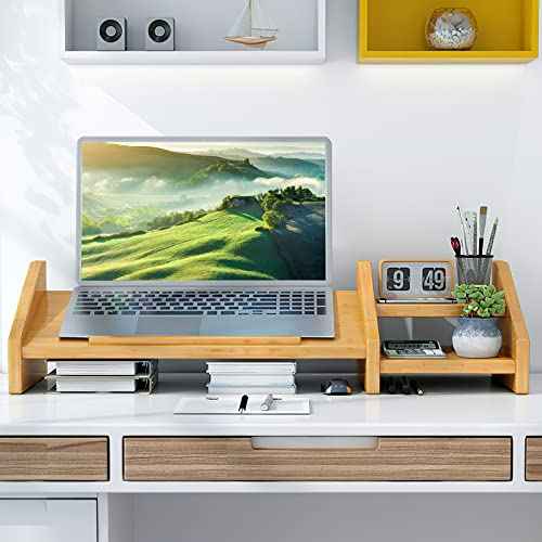 Ufine Bamboo Laptop Stand for Desk 3 Heights Adjustable Notebook Stand Computer Monitor Riser with 2 Tier Storage Shelf, Desktop Organizer Printer Stand for Home Office