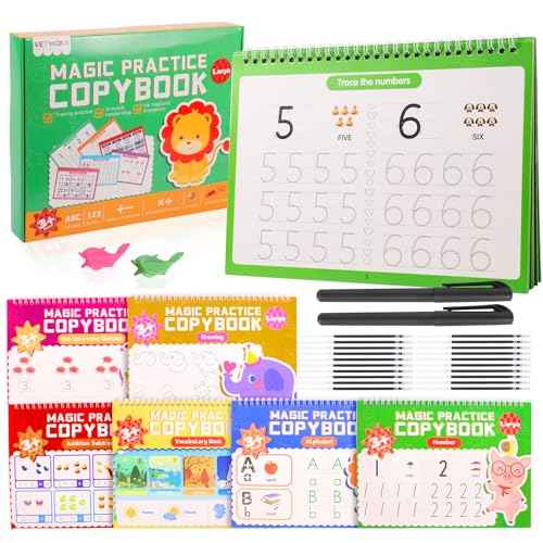 6 Pack Large Grooved Handwriting Copybooks,10.2 x 7.4 In Magic Writing Practice Workbooks with Pens,Reusable Alphabet,Numbers Tracing Books for Kids 3-8,Kindergarten Preschool Learning Activities
