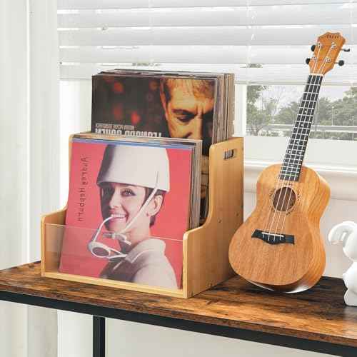 HOOBRO Vinyl Record Storage Crate, Stepped 2-Tier Record Crate, Album Storage Box, Visible Record Holder Crate with Handle, for Vinyl, Magazine, Folder, Album, Natural YL02CW01